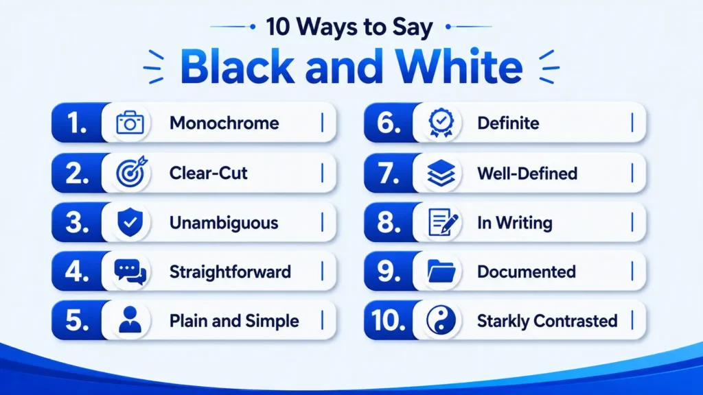 10 alternatives to black and white including monochrome, clear-cut, unambiguous, and straightforward