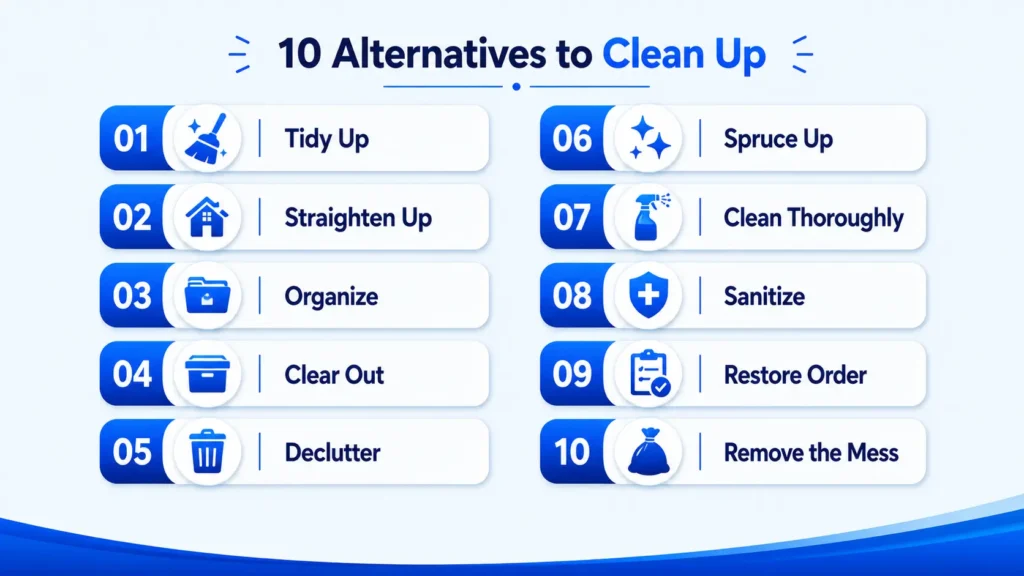 10 alternatives to clean up including tidy up, organize, declutter, sanitize, and spruce up