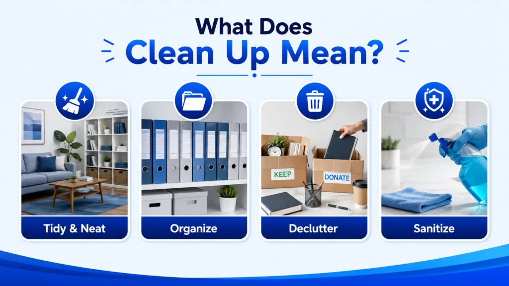 Different meanings of clean up including tidying, organizing, decluttering, and sanitizing