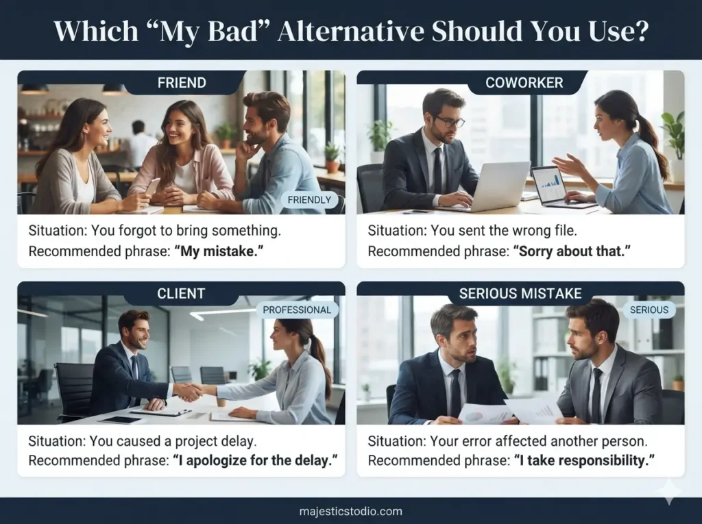 Best ways to say my bad in casual, friendly, professional, and formal situations