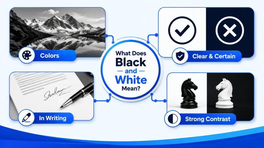 Different meanings of black and white including color, clarity, written proof, and contrast