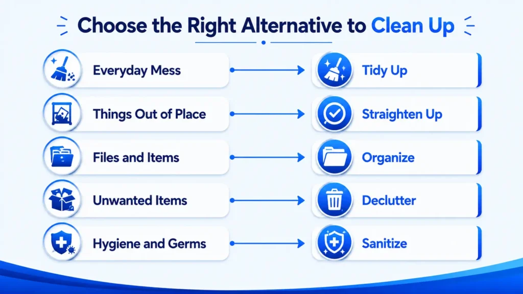 Guide showing which clean up alternative to use for tidying, organizing, decluttering, hygiene, and appearance