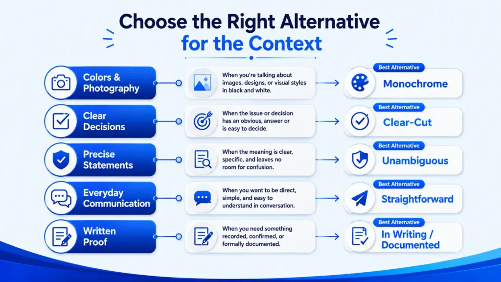 Guide showing which alternative to black and white fits colors, decisions, communication, and written proof