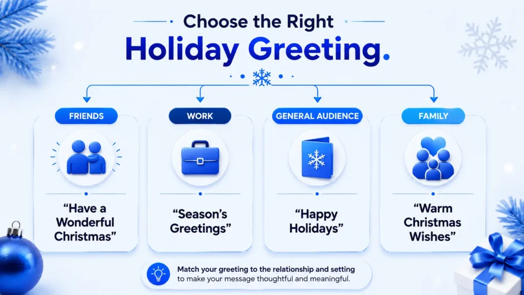 Guide showing which Christmas greeting to use for friends, family, work, and general audiences