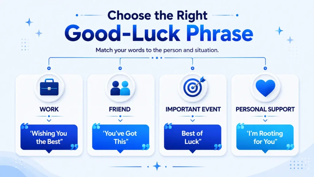 Guide showing which good-luck phrase to use at work, with friends, and for important events
