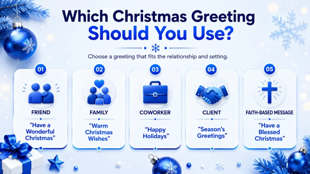 Christmas greeting cheat sheet for choosing messages for friends, family, coworkers, clients, and faith-based audiences