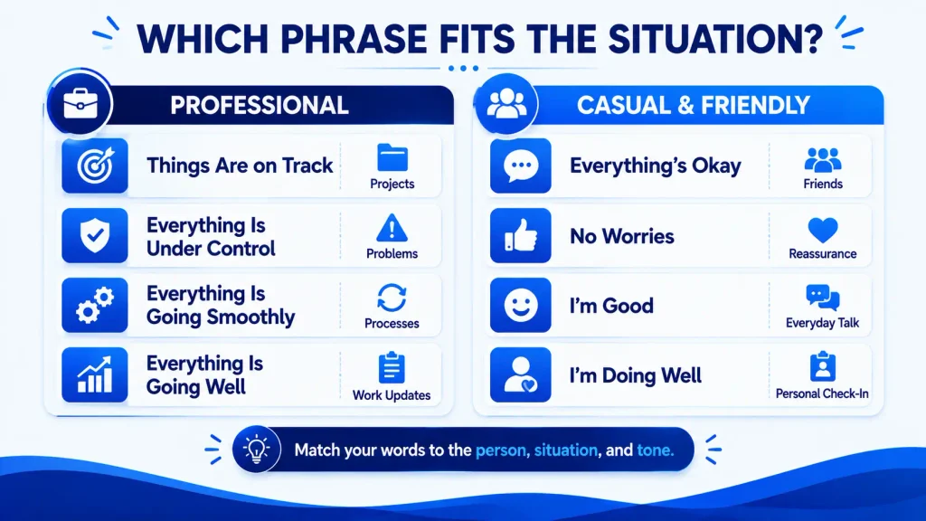 Professional and casual ways to say everything is fine with examples for different situations