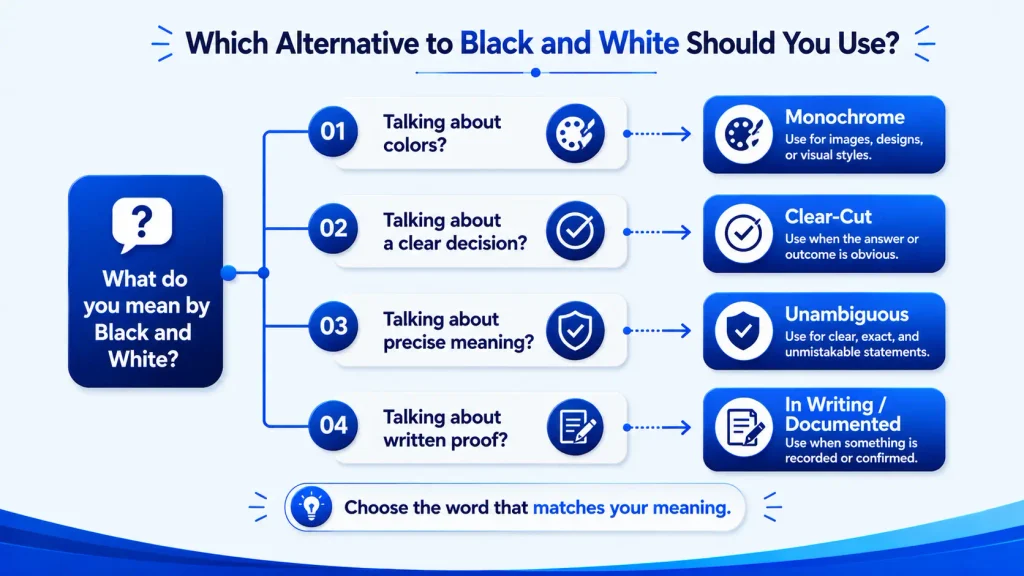 Decision guide for choosing monochrome, clear-cut, unambiguous, or in-writing alternatives