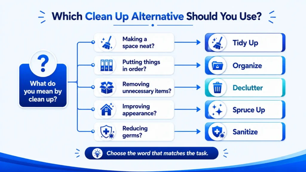 Decision guide for choosing tidy up, organize, declutter, sanitize, or spruce up