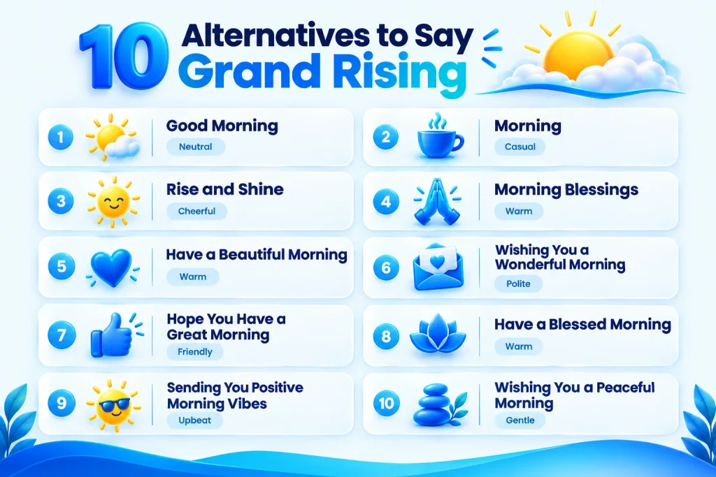 10 alternatives to say grand rising including good morning, rise and shine, and morning blessings