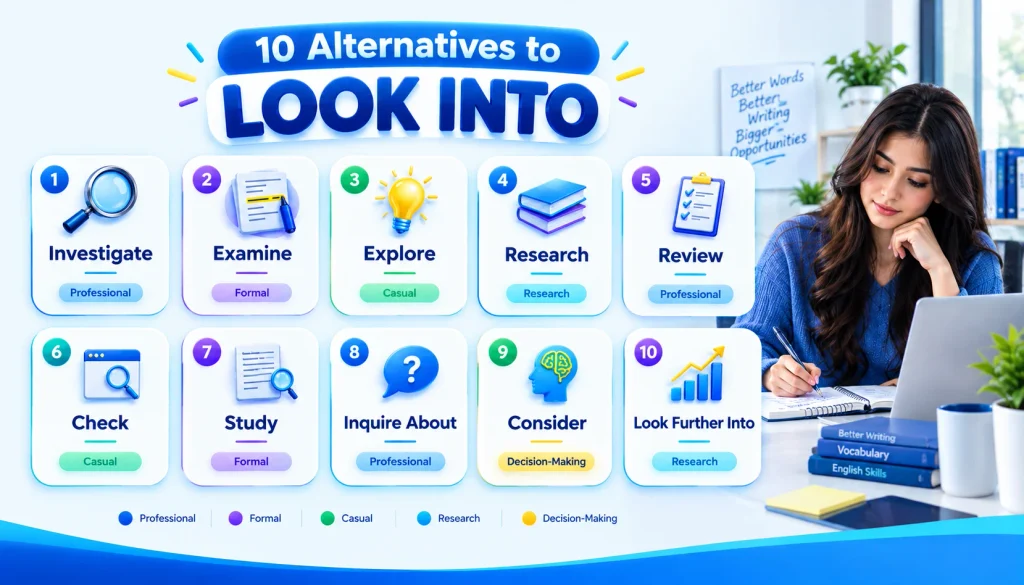 10 alternatives to look into including investigate examine research review and explore