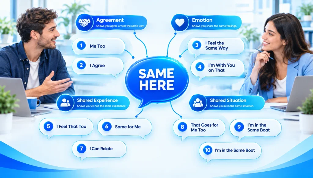 10 natural alternatives to “same here,” including me too, likewise, and I agree