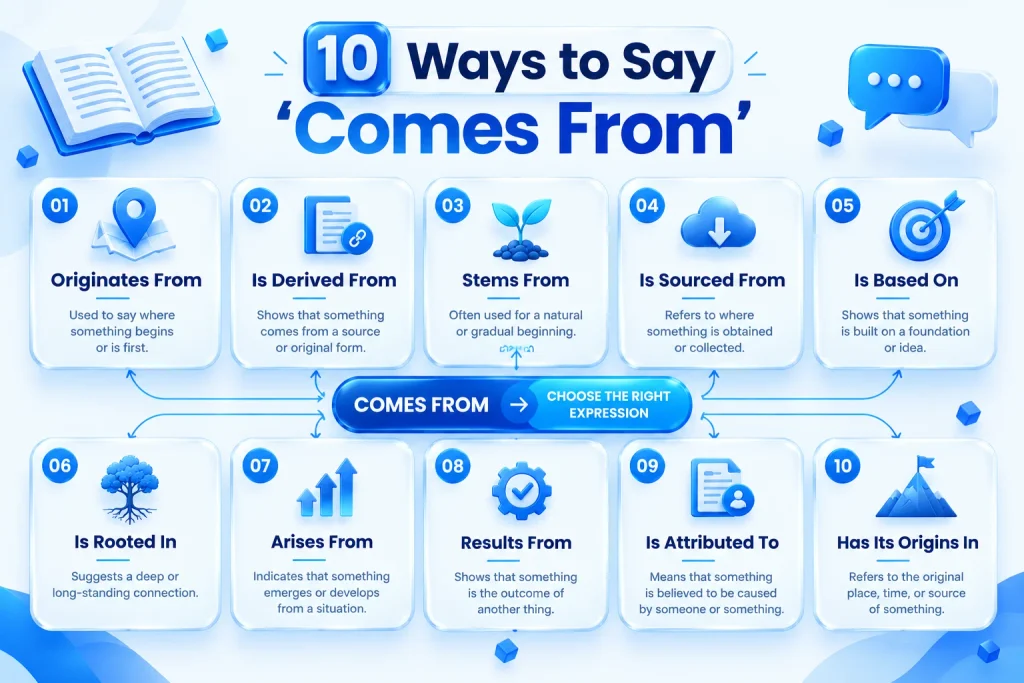 10 alternatives to say comes from including originates from, stems from, and is derived from
