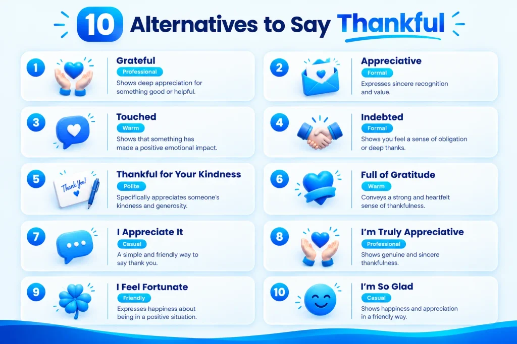 10 alternatives to say thankful including grateful appreciative touched and indebted