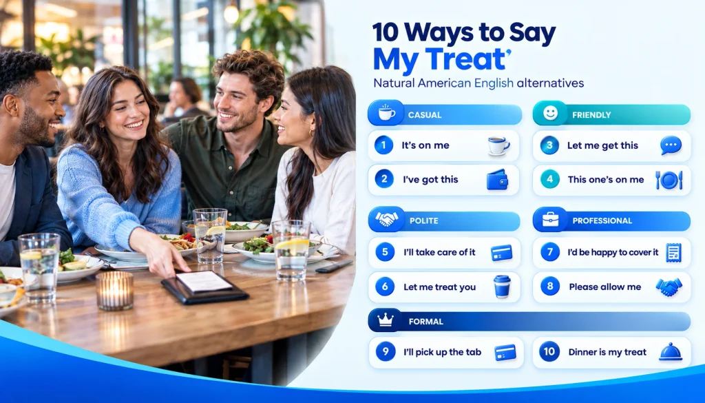 10 ways to say my treat in casual, friendly, polite, and professional English