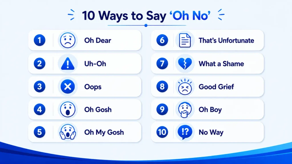10 ways to say oh no including oh dear, uh-oh, oops, oh gosh, and that’s unfortunate