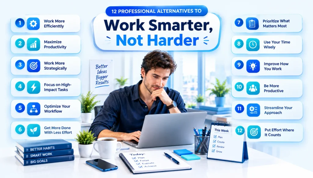 12 alternatives to work smarter not harder including efficient and strategic work phrases