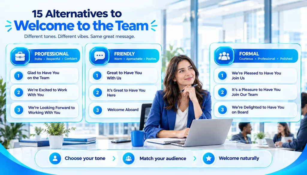 15 alternatives to welcome to the team organized by professional friendly and formal tone