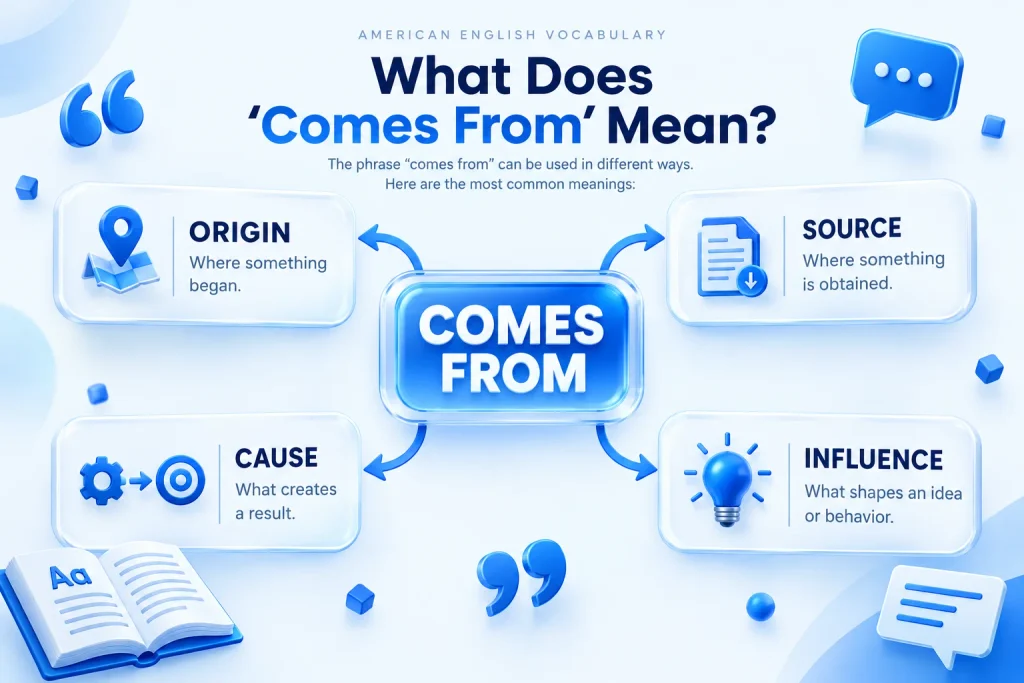 Another way to say comes from depending on context, including origin, source, cause, and influence
