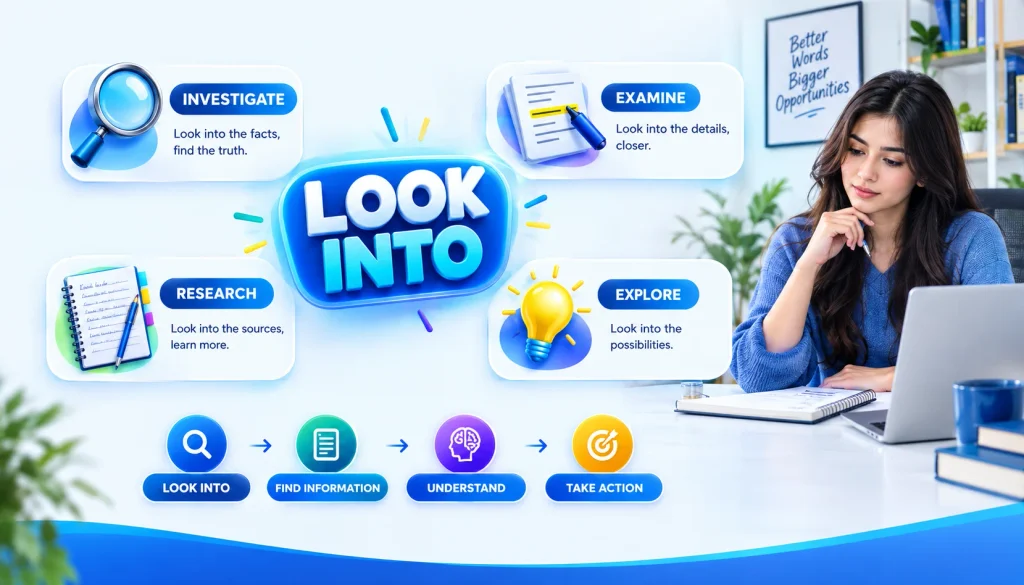 Visual explanation of another way to say look into and its common meanings