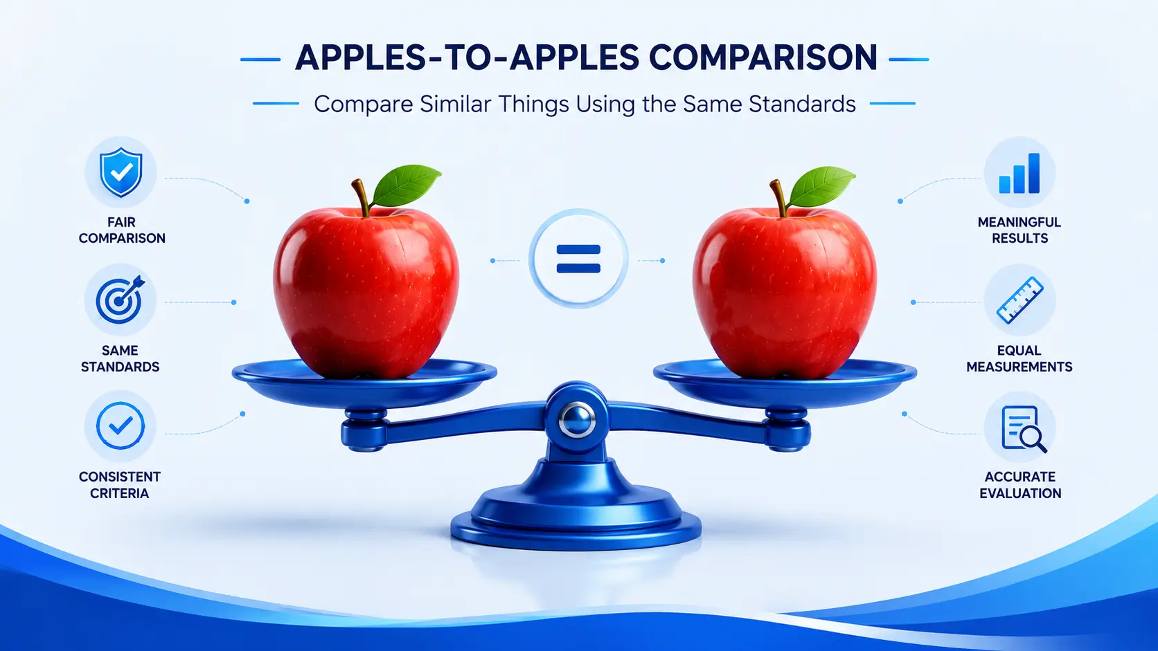 Apples-to-apples comparison meaning shown with two similar apples and equal comparison scales