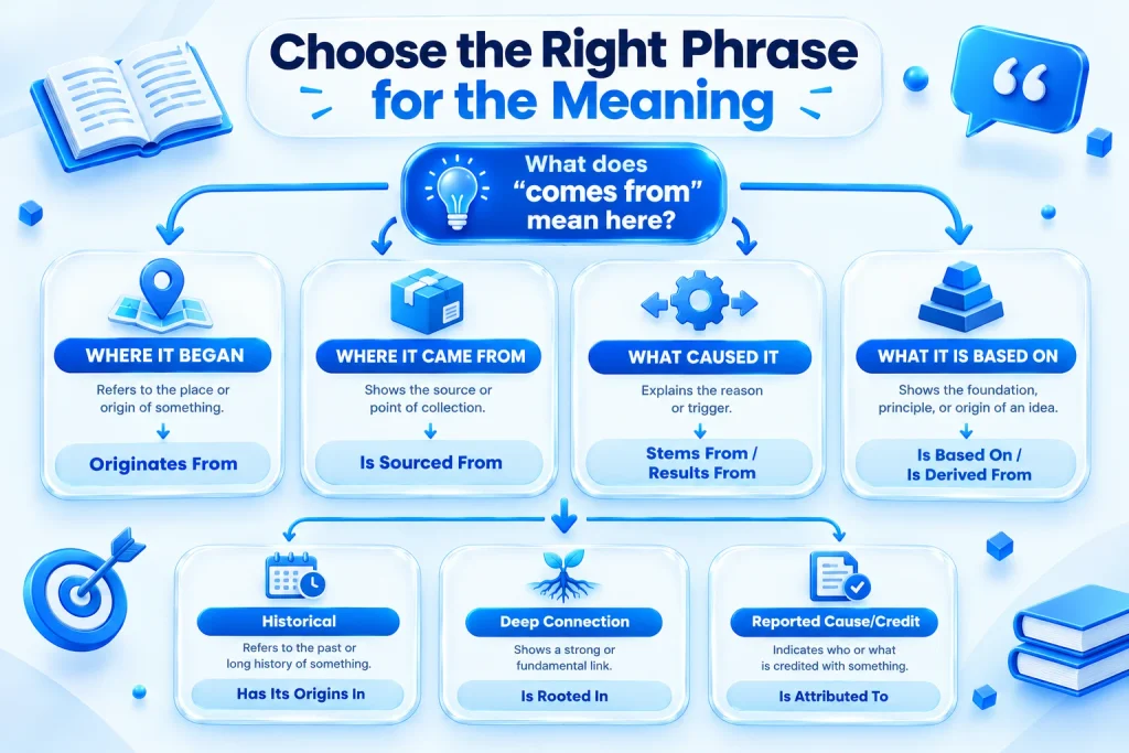 Choose the right alternative to comes from based on origin, cause, source, and tone