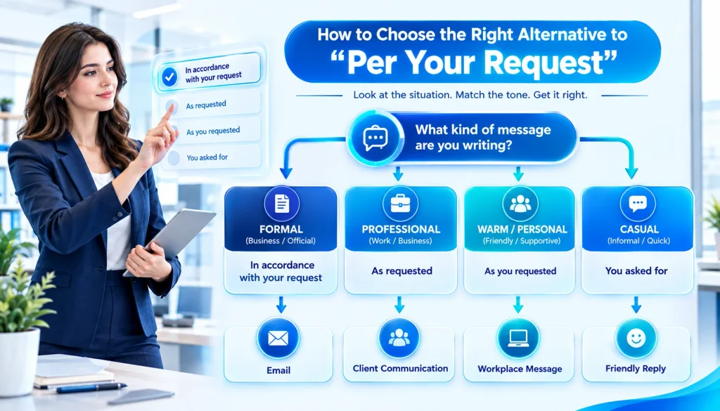 Choose the right alternative to per your request based on tone and situation