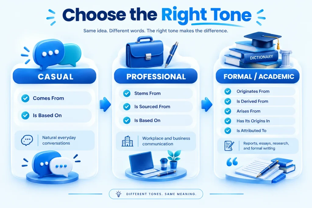 Comes from alternatives for casual, professional, formal, and academic communication