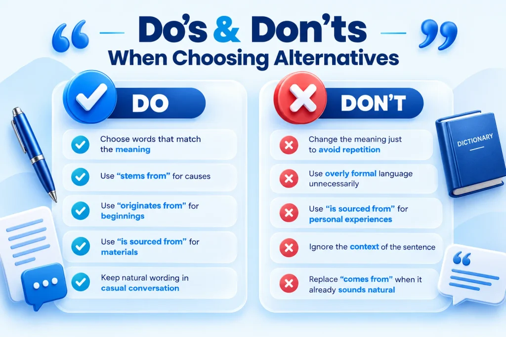 Do’s and don’ts when using alternatives to comes from in professional and casual writing