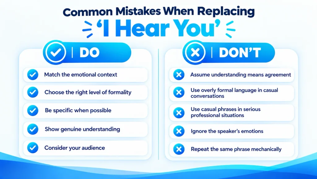 Dos and don’ts for using alternatives to I hear you based on tone empathy context and agreement