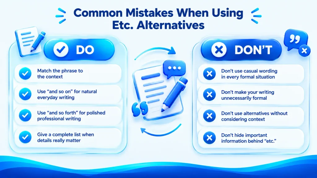 Common mistakes when using alternatives to etc do and dont infographic