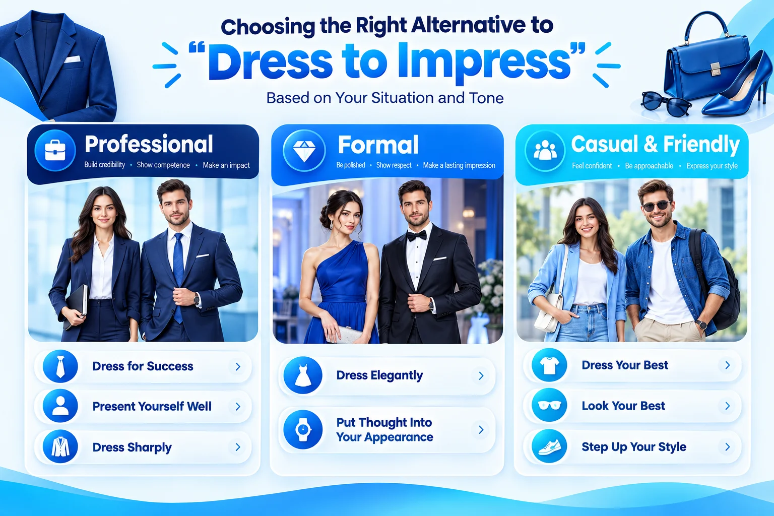 Professional and casual alternatives to dress to impress by tone and situation