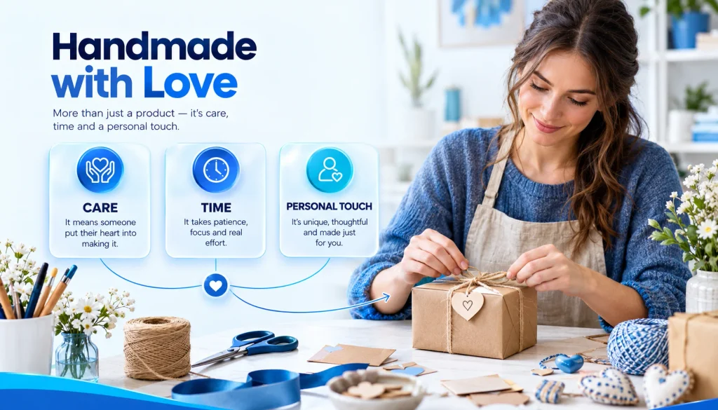 Handmade with love meaning shown through a creator carefully making a thoughtful gift