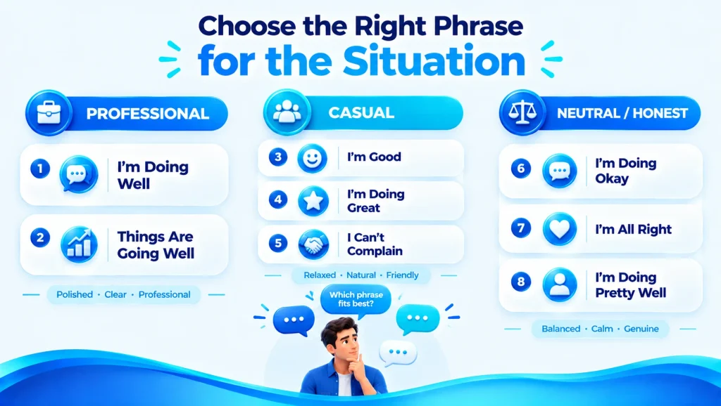 I am fine alternatives compared by formal casual and friendly tone