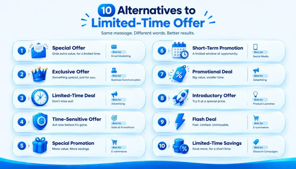 Comparison of 10 alternatives to limited-time offer by usage and tone