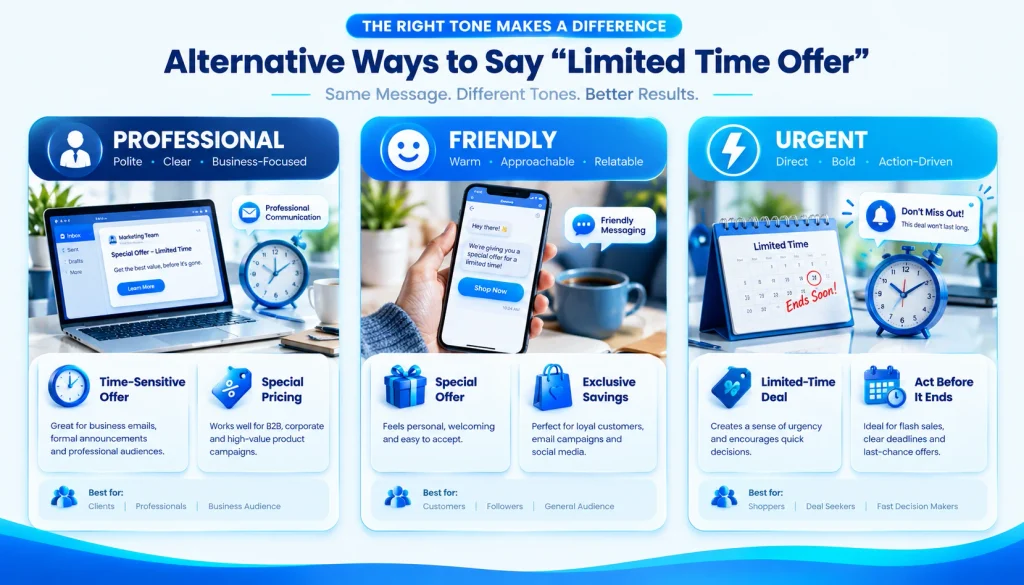 Tone guide comparing professional friendly and urgent alternatives to limited time offer
