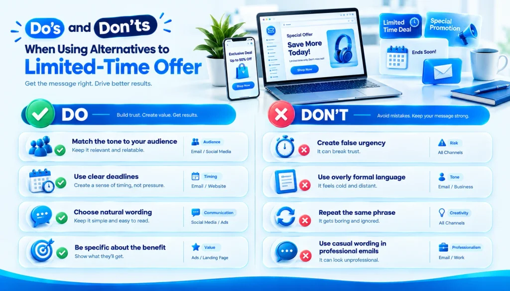 Dos and don'ts for using alternatives to limited-time offer in marketing copy