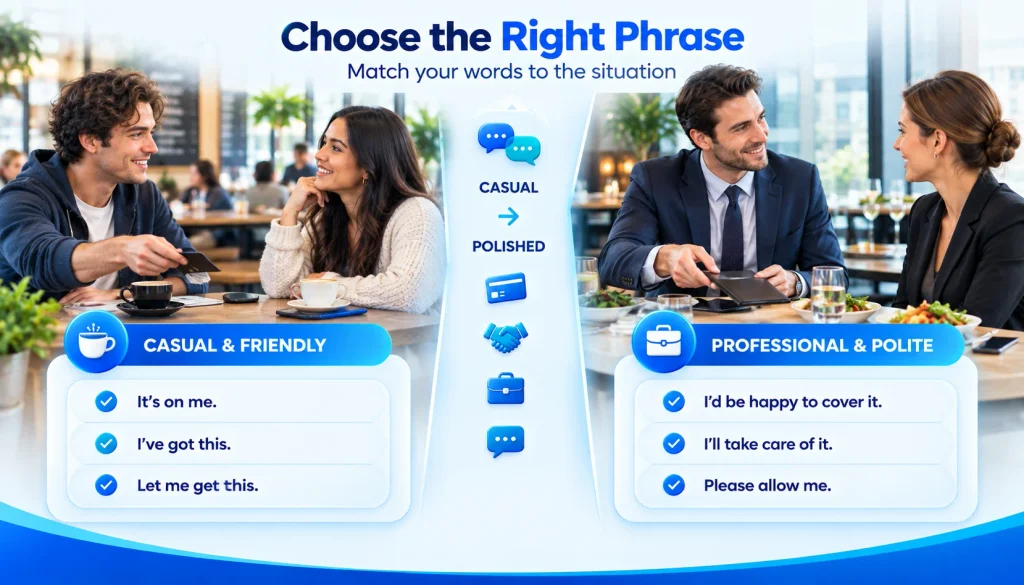 My treat alternatives compared by casual, friendly, polite, and professional tone