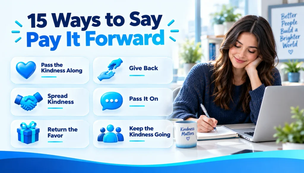 15 alternatives to pay it forward including pass the kindness along, give back, and spread kindness