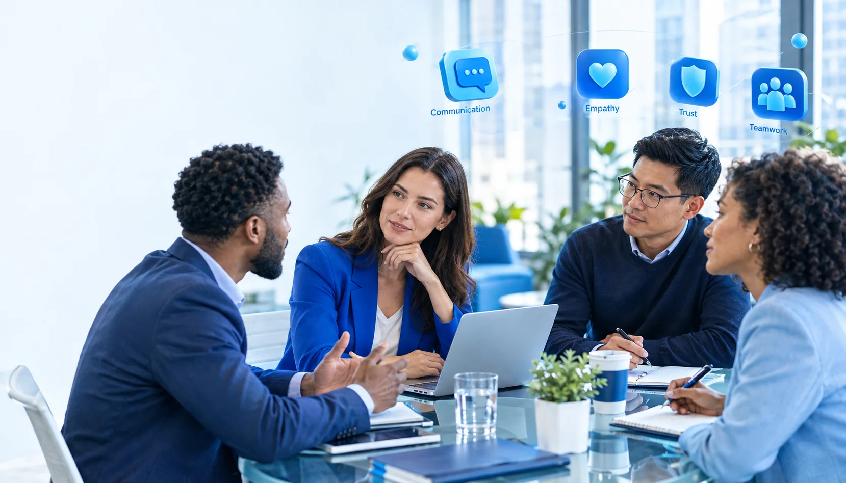 People-focused professional communication between coworkers during a workplace discussion