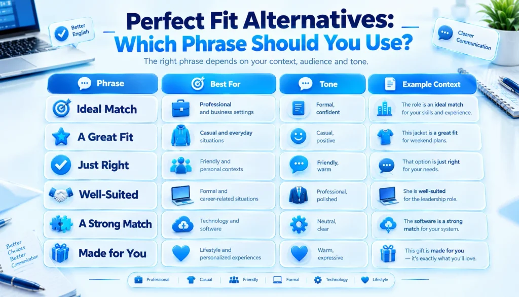 Comparison of perfect fit alternatives by tone, context, and best use