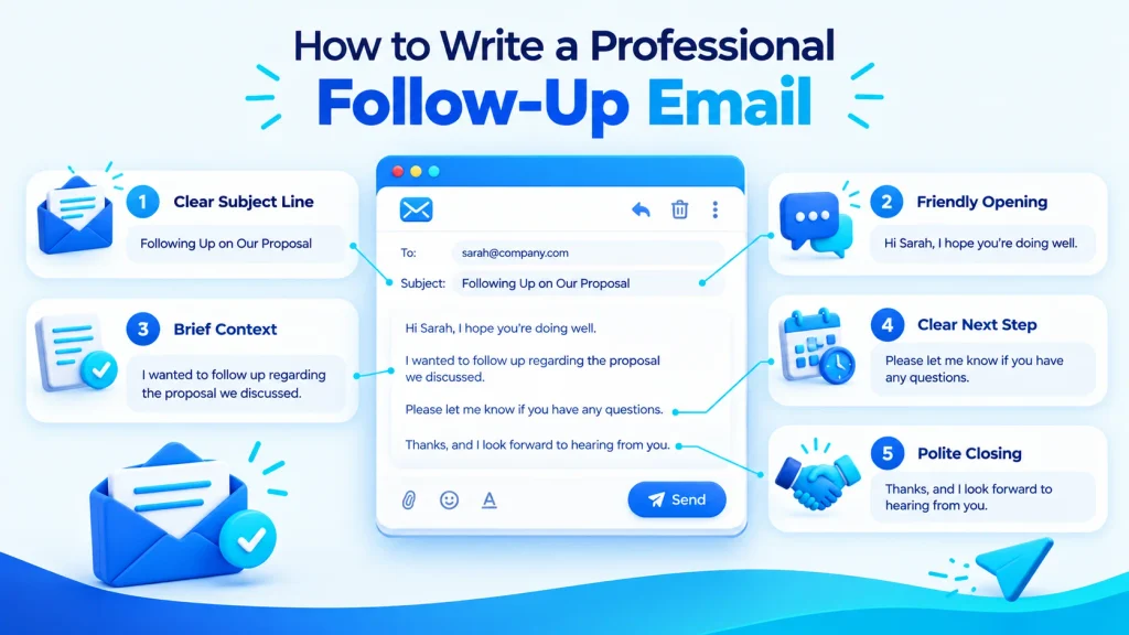 Professional follow up email example showing subject line, greeting, reminder, and call to action