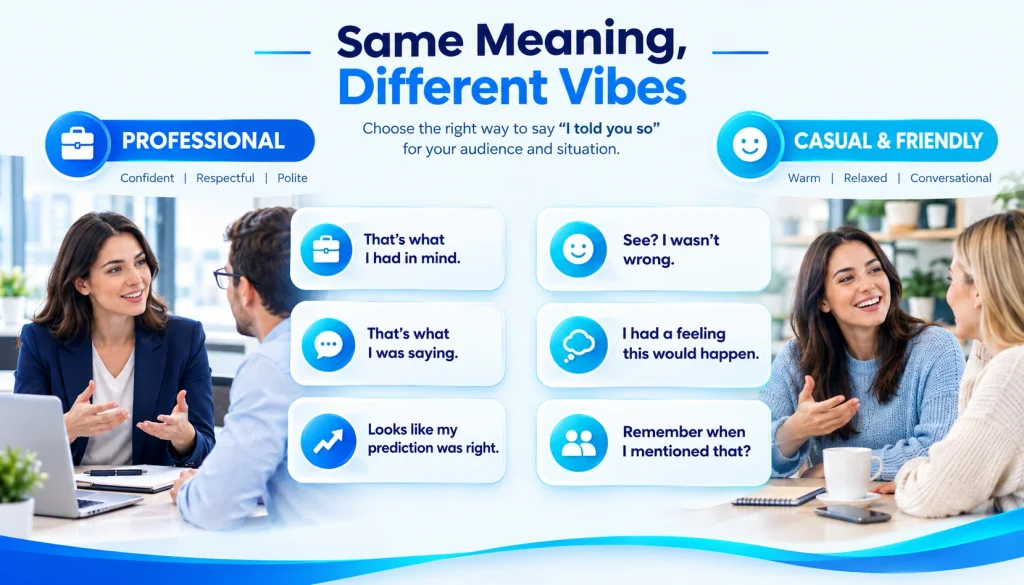 Professional versus casual alternatives to “I told you so” by tone and situation