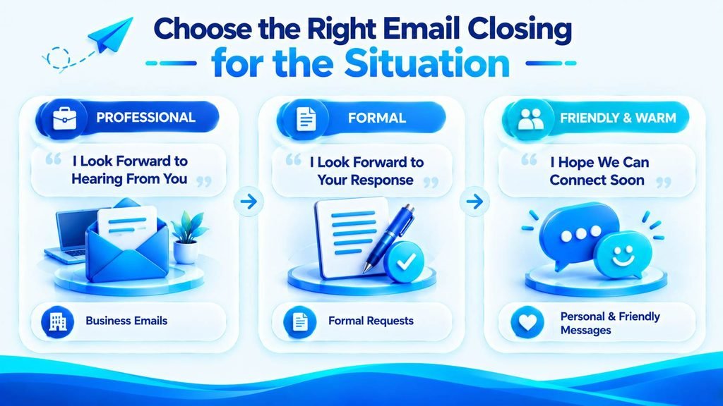 Professional vs friendly email closing phrases for different communication situations