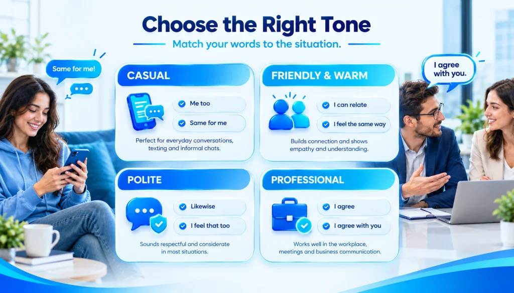 Comparison of casual, friendly, polite, and professional alternatives to “same here”