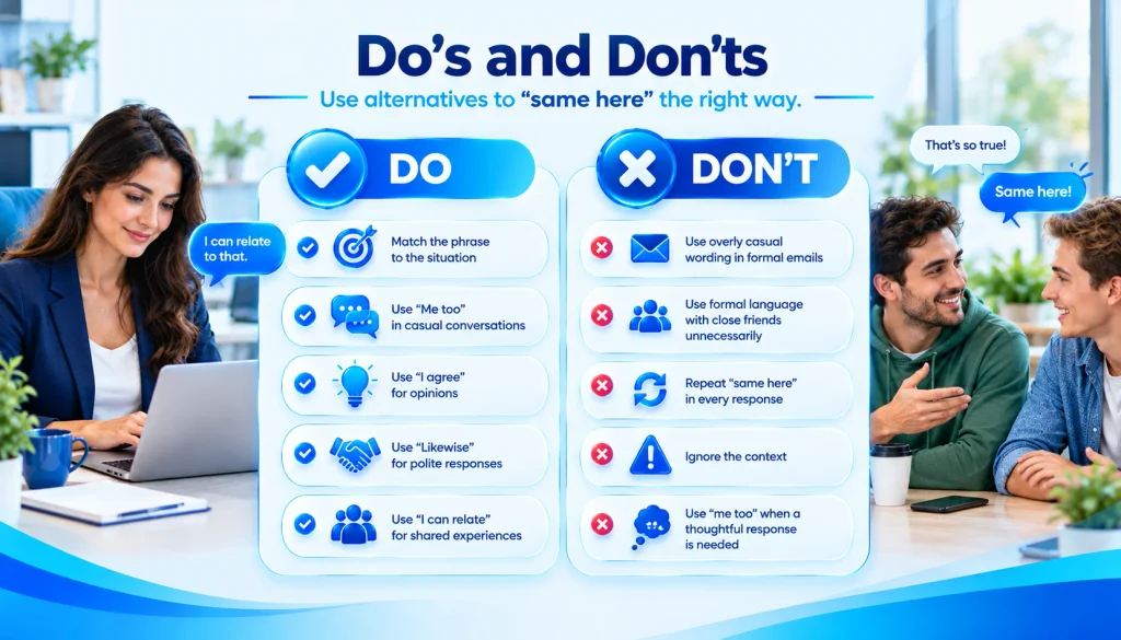 Dos and don’ts for using alternatives to “same here” in conversations and emails