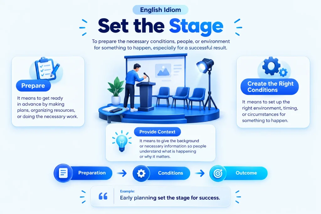 Set the stage meaning explained with preparation, context, and conditions