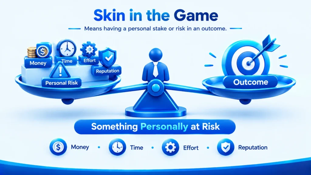 Skin in the game meaning explained with personal risk, money, time, effort, and reputation