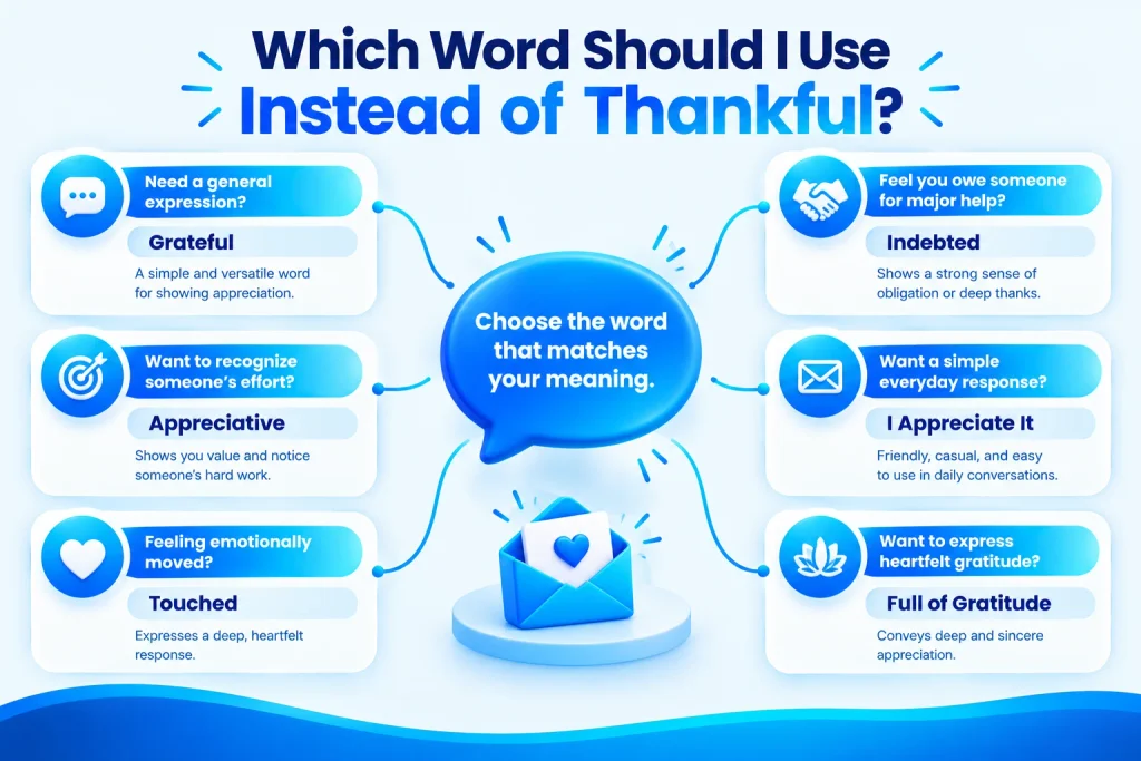 Which word to use instead of thankful grateful appreciative touched or indebted