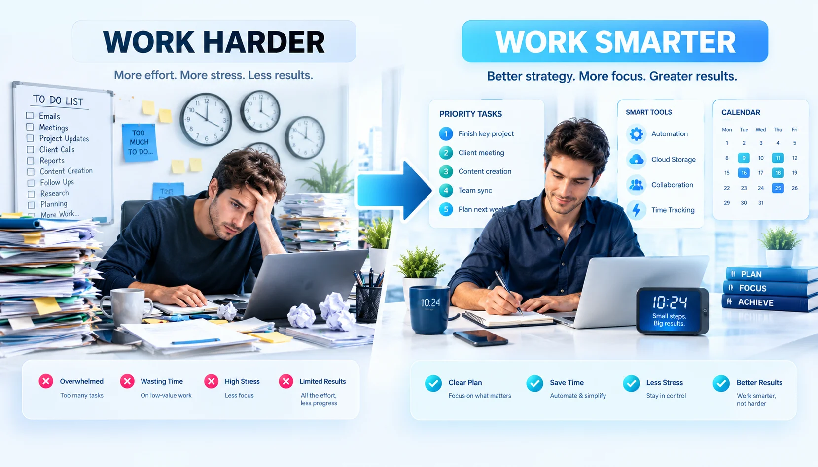 Work smarter not harder infographic comparing efficient work with excessive effort